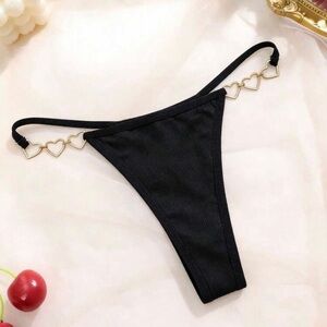 Very sexy metal heart decor black thong, size S/M